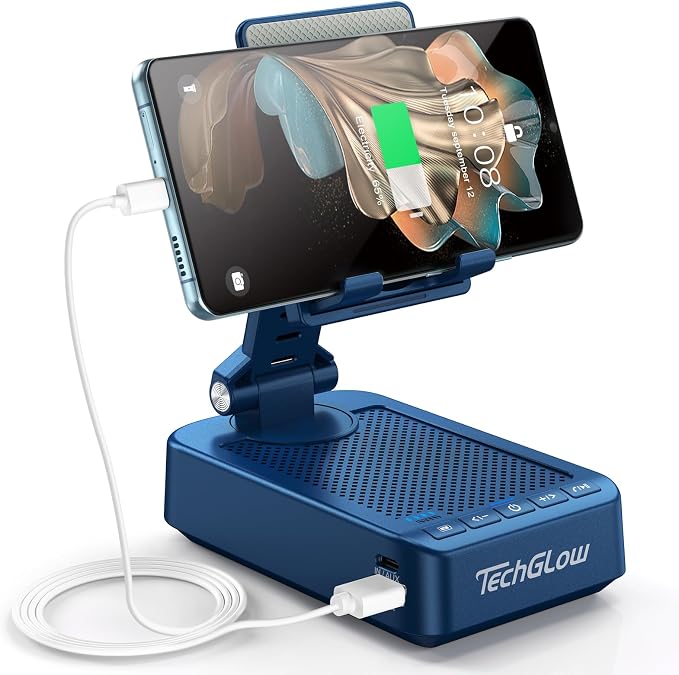 TechGlow Gifts for Men Women Foldable Cellphone Stand with Bluetooth Speaker and Charging Function 360° Rotatable Phone Stand Birthday Gift Idea for Mom Dad Cool Tech Gifts-Blue by TechGlow