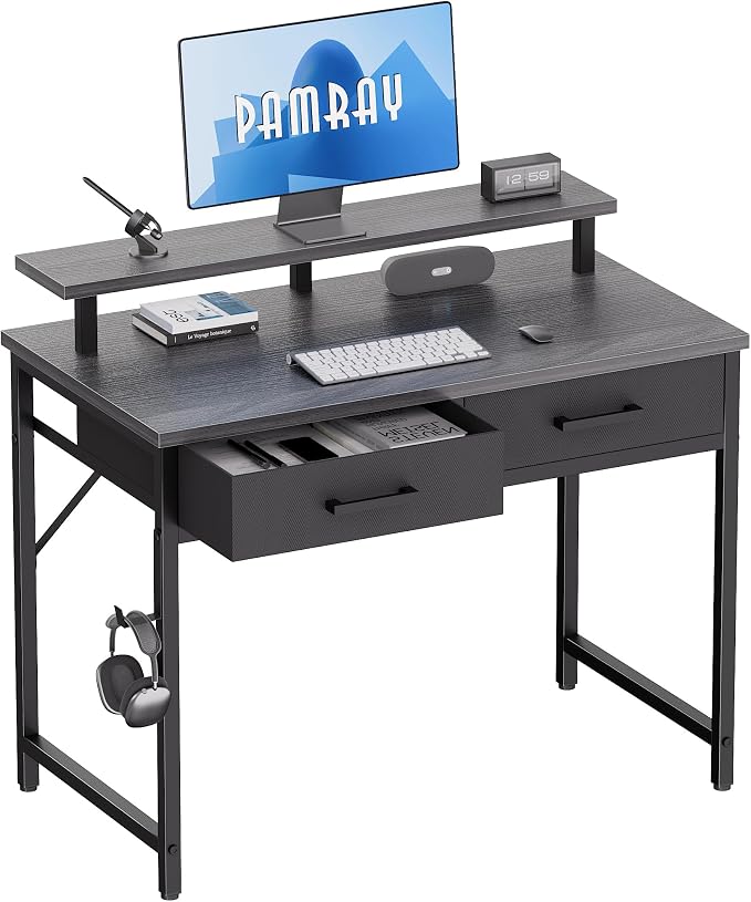 Pamray 32 Inch Small Computer Desk with Monitor Stand and 2 Drawers | Small Gaming Desk, for Bedroom Apartment and Dorm, for Study Work and Writing, Small Spaces, Sturdy, Easy Assembly by PAMRAY