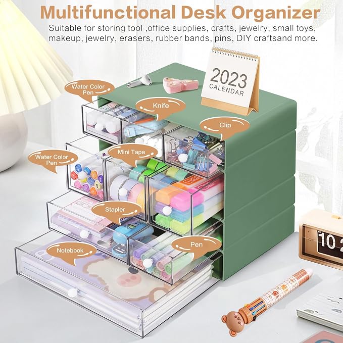 Desk Storage Organizer with 9 Drawers, 4 Tiers Stackable Desktop Craft Storage Drawers, Clear Storage Box Caddy for Stationary Makeup Jewelry Office Craft Supplies (Green) - Image 5