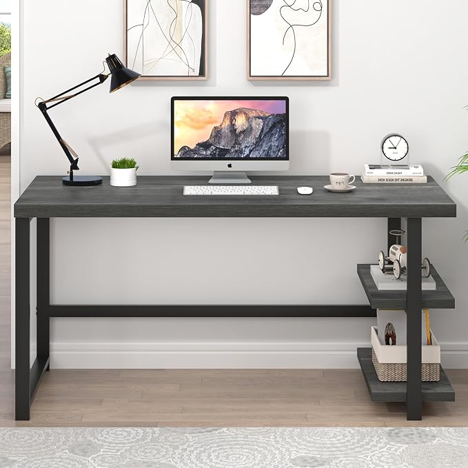 EXCEFUR Industrial Computer Desk, Home Office Desk with Storage Shelves, Wood Study Writing Table for Bedroom, Living Room, Grey, 53 Inch - Image 7