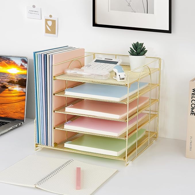 LEKETREE Desk Organizers and Accessories, 5-Tier Paper Letter Tray Organizer with File Holder, Desktop Organizer for Office Supplies (Gold) - Image 6