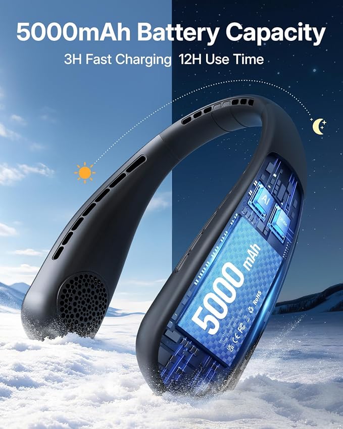 SHEWIND Portable Neck Fan - 5000mAh Rechargeable Hands-Free Wearable Fan | 4 Speeds, Bladeless & LED Display | Personal Cooling Fan for Travel, Outdoors, Camping - Black - Image 4