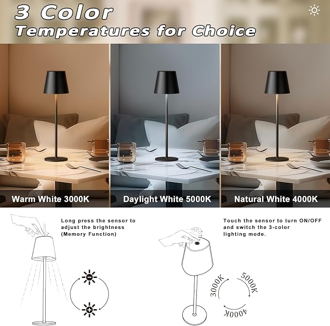 Kakanuo Cordless Table Lamp, 3 Color Stepless Dimming, 5000mAh Rechargeable Battery Powered, Outdoor LED Lamps, for Dining Room, Living Room, Bedroom, Bar, Cafe, Restaurant, Patio, Camping - Black - Image 7