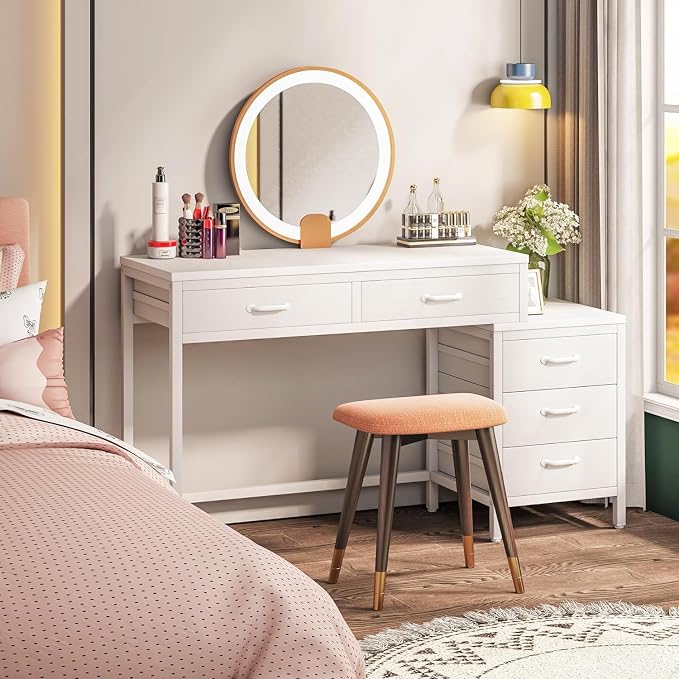 Tribesigns Computer Desk with 5 Drawers, Reversible Home Office Desks | Small Desk with Drawer Cabinet Printer Stand, PC Desk with Storage, White Study Writing Table Workstation for Small Spaces - Image 5