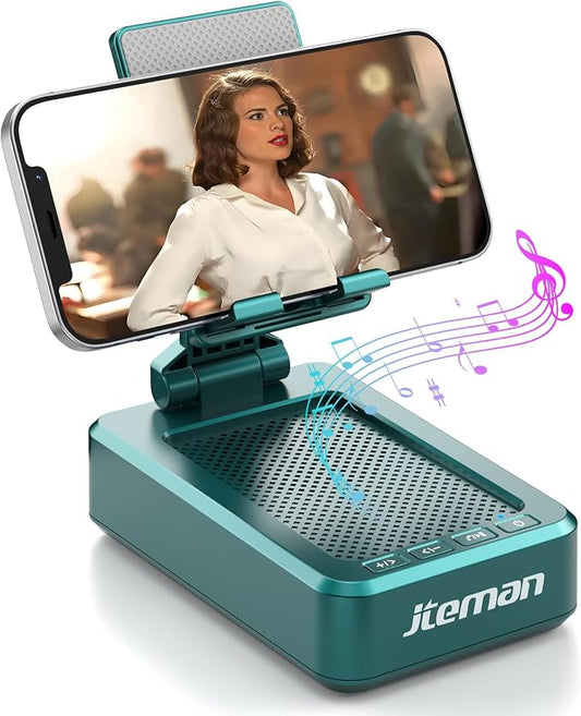 JTEMAN Cell Phone Stand with Wireless Bluetooth Speakers,Angle Adjustable Strong Pedestal Phone Stand for Desk,HD Sound and Bass Bluetooth Speaker Compatible with All Mobile Phones(Green) by jteman