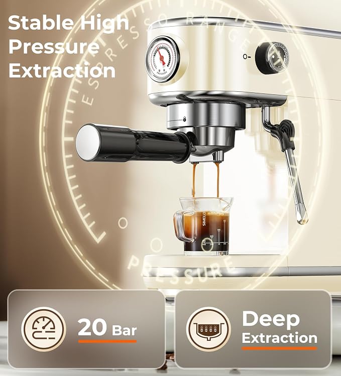 atatix 20 Bar Espresso Machine with Milk Frother, Compact Espresso Maker | Stainless Steel Coffee Machine with Precise Temp Control & 44oz Removable Water Tank for Latte, Cappuccino, Creamy White - Image 4
