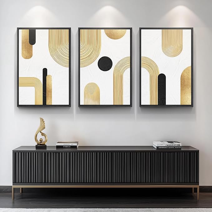 Large Framed Gold Abstract Geometric Wall Art for LIving Room, 3 Piece Modern Canvas Prints Paintings Artwork for Walls, Minimalist Black White Gold Pictures for Hallway Office Wall Decor 24x36 Inch - Image 8