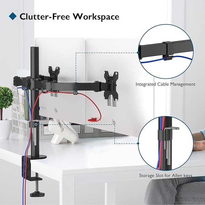 BONTEC Dual Monitor Desk Mount, 13-27 Inch, 22lbs, VESA 75x75/100x100,Black | Full Motion Adjustable Stand, Heavy Duty Arms, C Clamp and Grommet Base, Cable Management for Flexible Screen Positioning - Image 4