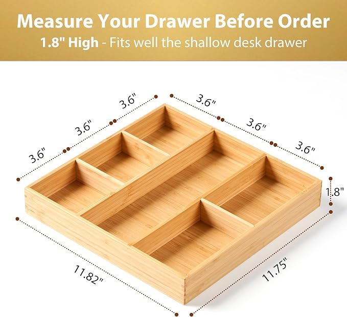 Umilife Bamboo Desk Drawer Organizer, Wood Office Junk Tray, 12"x12" | 1.8" Tall for Shallow Drawer - Adjustable dividers - Anti Slip Silicone Pads - Versatile Storage Box in Kitchen, Pantry - Image 2