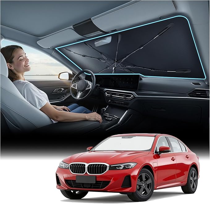 Nmoiss Windshield Sun Shade Umbrella for BMW - [Vinyl Coating Heat Shield] Protect Car from Sun Rays & Heat Damage Keep Cool and Protect Interior CX01-N2-T-BMW by Nmoiss