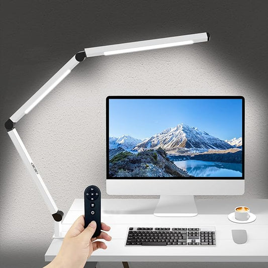Micomlan LED Desk Lamp for Home Office, Architect Clamp Desk Lamp with Remote Control, Adjustable Dimmable Swing Arm Clamp on Table Light Clip-on Dual Light 5 Brightness Levels & 4 CCT Modes by Micomlan
