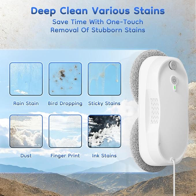 2026 Updated Window Cleaning Robot - Enhanced Battery, Max 6400Pa, Path Planning, Anti-Slipping, Edge Detection, Window Cleaner Robot for High-Rise Windows (2 pairs of nozzles, 10 cloths) (White) - Image 5