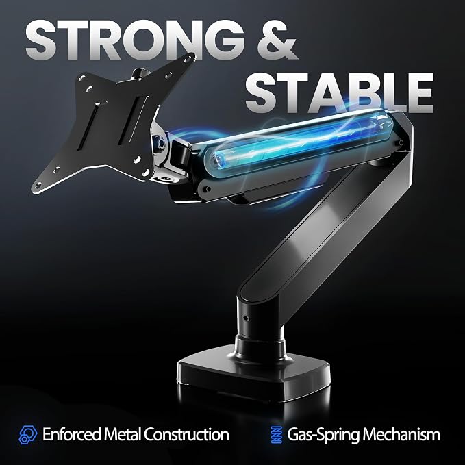 EVEO Premium Single Monitor Arm 14"–34", Adjustable Gas Spring Monitor Mount, Single Arm Desk Mount for 34 Inch Computer Screens, VESA Compatible Stand with Clamp and Grommet Base – Black - Image 3