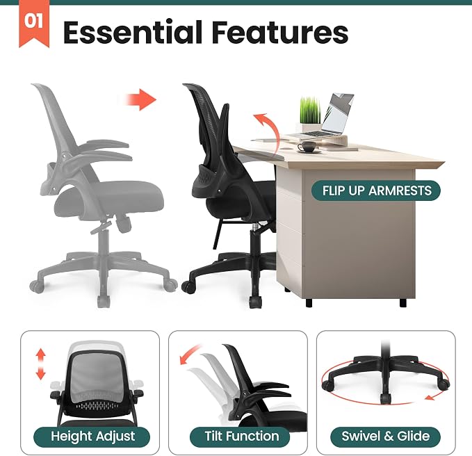 NEO CHAIR Office Desk Chair, Ergonomic Mesh with Flip-Up Armrests, Black | Lumbar Support, Height Adjustment, 360° Swivel and Rolling Base, Space-Saving Design for Home Office, Vanity or Study - Image 3