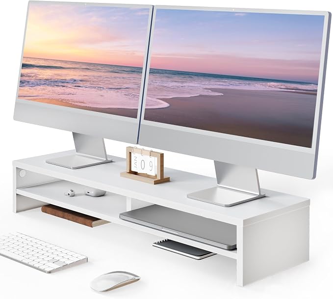Fenge 31.5 Inch Dual Monitor Stand Riser for Desk, White | Wooden Desk Shelf, 2-Tier Open Storage Compartment, for PC Laptop Screen Printer, Home Office Desktop Organizer by Fenge