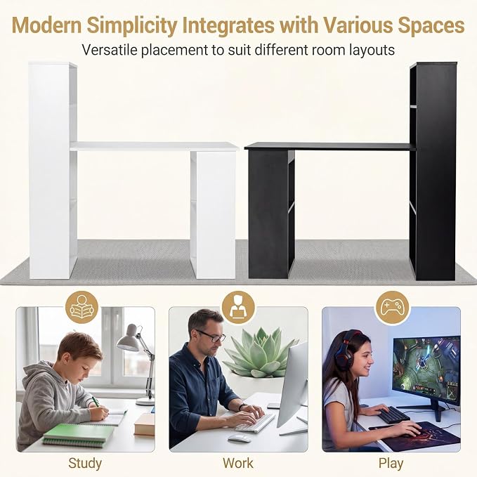Tangkula White Computer Desk with Bookshelf, Writing Study Desk with Storage Shelves & CPU Stand, Modern Compact Computer Workstation for Home & Office, Space-Saving Design | Modern Compact Workstation w/Bookshelf Storage & CPU Stand, Space-Saving Desi... - Image 3