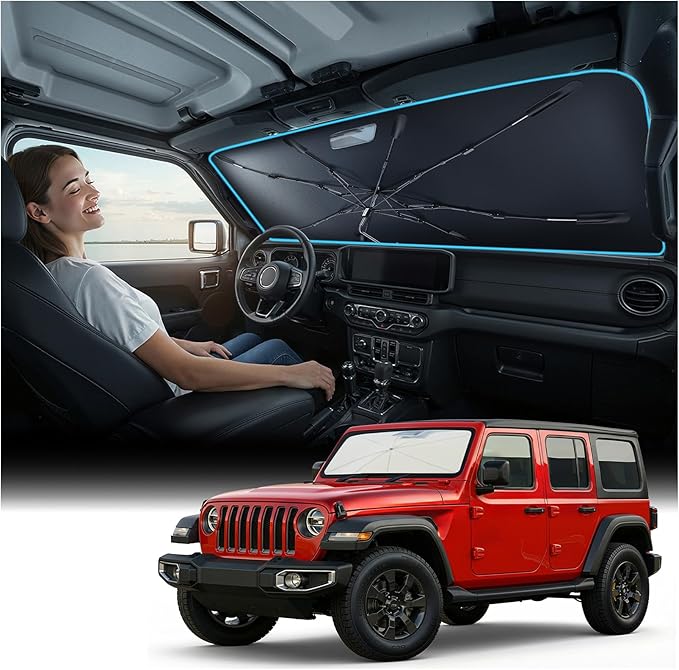 Nmoiss Windshield Sun Shade Umbrella for All Jeep Wrangler & Gladiator - [Vinyl Coating Heat Shield] Protect Car from Sun Rays & Heat Damage Keep Cool and Protect Interior, Spring Structure Edge by Nmoiss