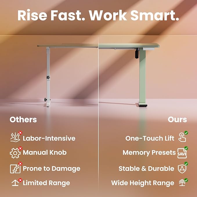 HUANUO 32x19 Inch Small Electric Standing Desk, Adjustable, Sage Green | Compact Home Office Desk, 176lbs heavy duty lifting with 4 height presets. M8 screw holes ready for DIY mobile wheels - Image 6