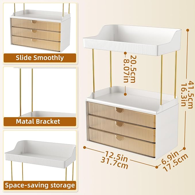 StorBin Arcylic 5-Tier Makeup & Skincare Organizer for Vanity, Bath, 2 Sets | Smooth 3 drawers, clear body, gold frame, non-slip, for perfumes, serums, face masks, palettes, vanity & bath counter,Amber - Image 2