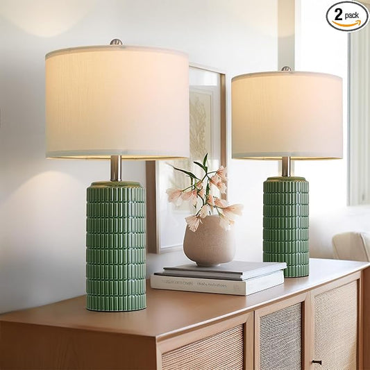 PoKat 23" Dark Green Ceramic Table Lamps Set of 2, Modern Table Lamps for Living Room, Farmhouse Lamps for Bedroom Night Stands, Traditional Nightstand Desk Decor Lamps by Pokat