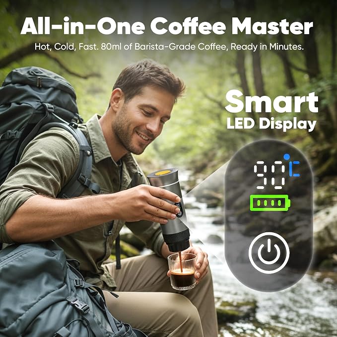 Portable Self-Heating Espresso Maker for Ground Coffee and Capsules | Rechargeable 80 ml travel coffee machine for camping, road trips and car use - Image 2