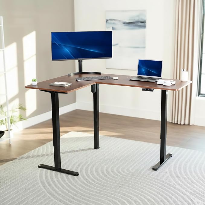 VIVO Dark Walnut 63 x 47 in Corner Standing Desk, DESK-E3CTD-47 | Electric, Reversible L-Shaped Table, Sit Stand, Height Adjustable, Memory Controller, Office Furniture Sets, Black Frame - Image 2