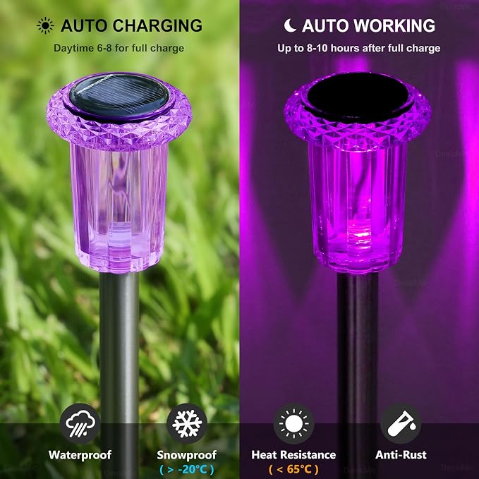 DenicMic Solar Halloween Lights Outdoor 15 Pack Purple LED Halloween Decor | Yard Garden Pathway Walkway Driveway Landscape Spike Style Starburst Light Pattern, IP65 Waterproof, Acrylic/Stainless Steel - Image 3