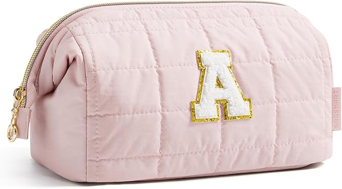 BAGSMART Birthday Gifts Personalized Initial Makeup Bag, Trendy Stuff Gifts for Women Bridesmaid Graduation, Puffy Padded Make Up Bags for Women, Wide-open Toiletry Bag, Pink A - Image 8