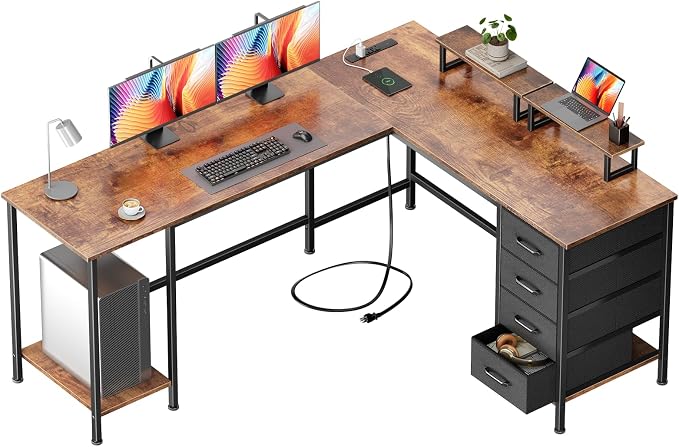 Korfile 66 inch L Shaped Computer Desk with Power Outlets, Rustic Brown | Ideal for Home Office, Bedroom, Corner, 4 Adjustable Storage Drawers, 2 Monitor Stands, Reversible, Two Person Gaming Table by Korfile