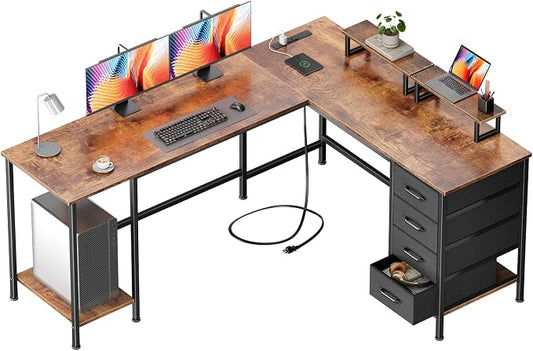Korfile 66 inch L Shaped Computer Desk with Power Outlets, Rustic Brown | Ideal for Home Office, Bedroom, Corner, 4 Adjustable Storage Drawers, 2 Monitor Stands, Reversible, Two Person Gaming Table by Korfile