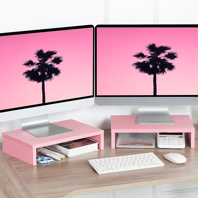 TEAMIX Pink Monitor Stand Riser-2 Pack,Wood 2 Tier Adjustable Monitor Stand Dual Monitor Riser for 2 Monitors/Laptop/PC Computer Stand for Desk - Image 2