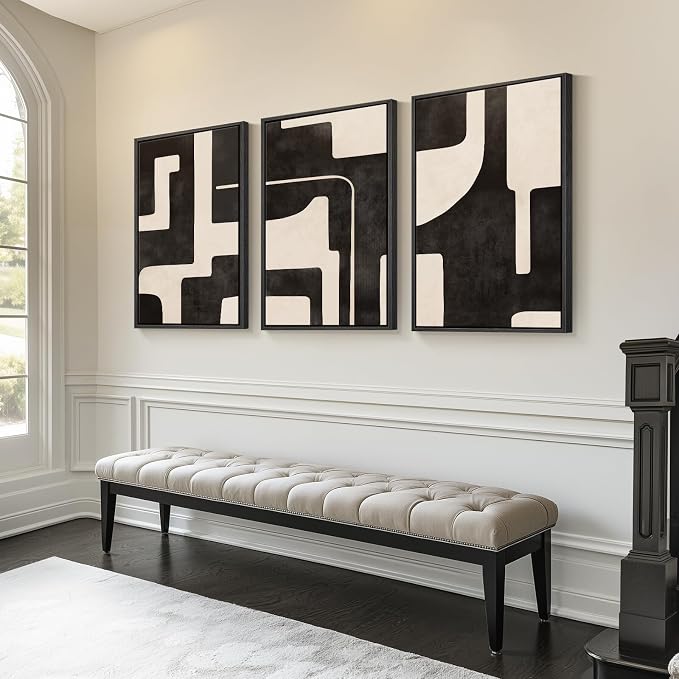Large Framed Neutral Abstract Wall Art for Living Room, 3 Piece Black Beige Canvas Prints Paintings Artwork for Walls, Modern Minimalist Abstract Pictures for Hallway Office Wall Decor 24x36 In - Image 2