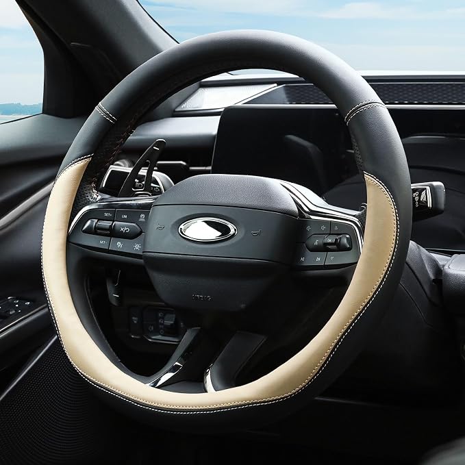 Valleycomfy Microfiber Leather Steering Wheel Cover Large-Size for F150 F250 F350 Ram 4Runner Tacoma Tundra Range Rover Model S X with 15 1/2 inches-16 inches Outer Diameter Beige - Image 2