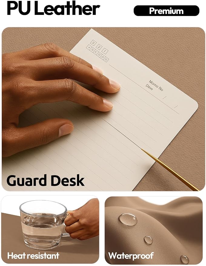 YSAGi Leather Desk Protector, Office Mat, Large Mouse Mat, Non-Slip PU Leather Blotter, Laptop Desk Pad, Waterproof Writing Pad for Office and Home (Khaki, 47" x 17") - Image 3