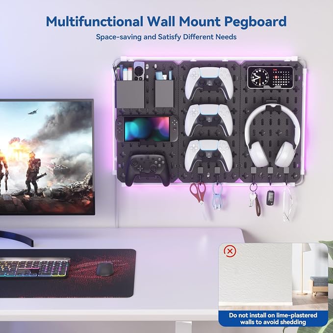 KDD 9 in 1 RGB Gaming Wall Organizer Peg Board - DIY Pegboard Combination Kit with Phone Stand/Pen Holder/Storage Box/Headset & Controller Holder/Hooks for Office & Home Gamer Room Decor Accessories - Image 3