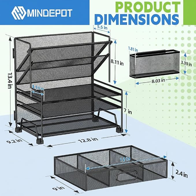MINDEPOT 4-Tier Paper Organizer + 3-Pocket File Holder, Desktop File Organizers Paper Tray for Office School Classroom Workspace Organization (Black 2+3 Desk Organizer) - Image 2