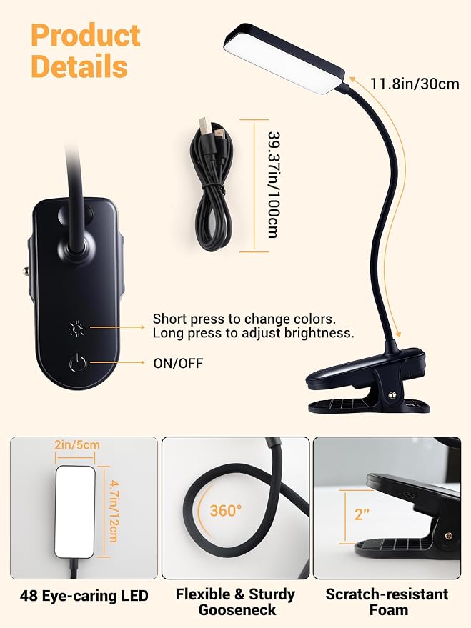 Clip on Light,9 Brightness+5 Color Rechargeable Lamp,48 LED Small Desk Lamp | 4000mAh Battery Powered Lamp,450 Lumen Clamp Light, Wireless & Cordless Book Reading Light for Bed/Bedside Table/Bedroom/Dorm - Image 8