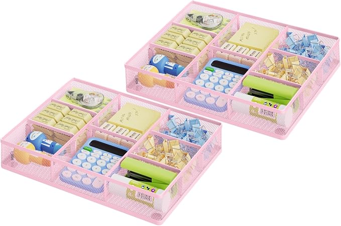 Marbrasse 2P Pink Desk Drawer Organizer, Metal Mesh Drawer Organizer Tray with 5 Adjustable Compartments,Desk Organizers and Accessories for Home,Office,Kitchen,Makeup,Vanity (Pink) by Marbrasse