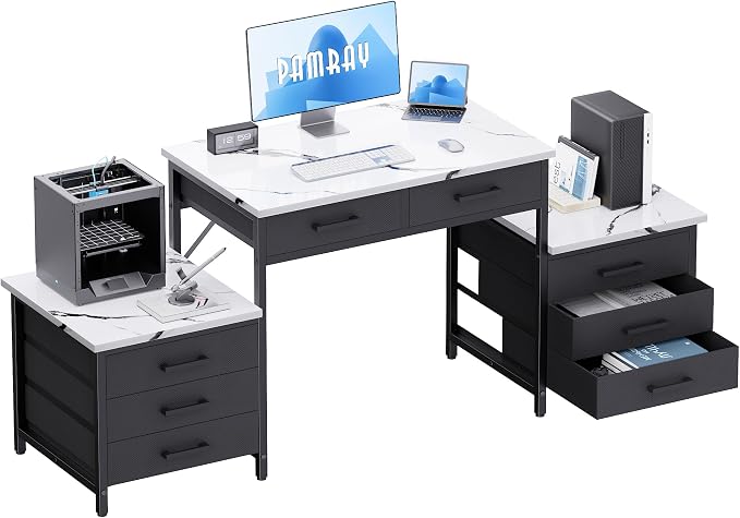 Pamray 63 Inch Office Desk with 8 Drawers and Printer Shelves for Computer | Space-saving, Ample Storage, Large Workspace, Easy Assembly, Sturdy, Suitable for Home Office Study Gaming, Bedroom and Dorms by PAMRAY