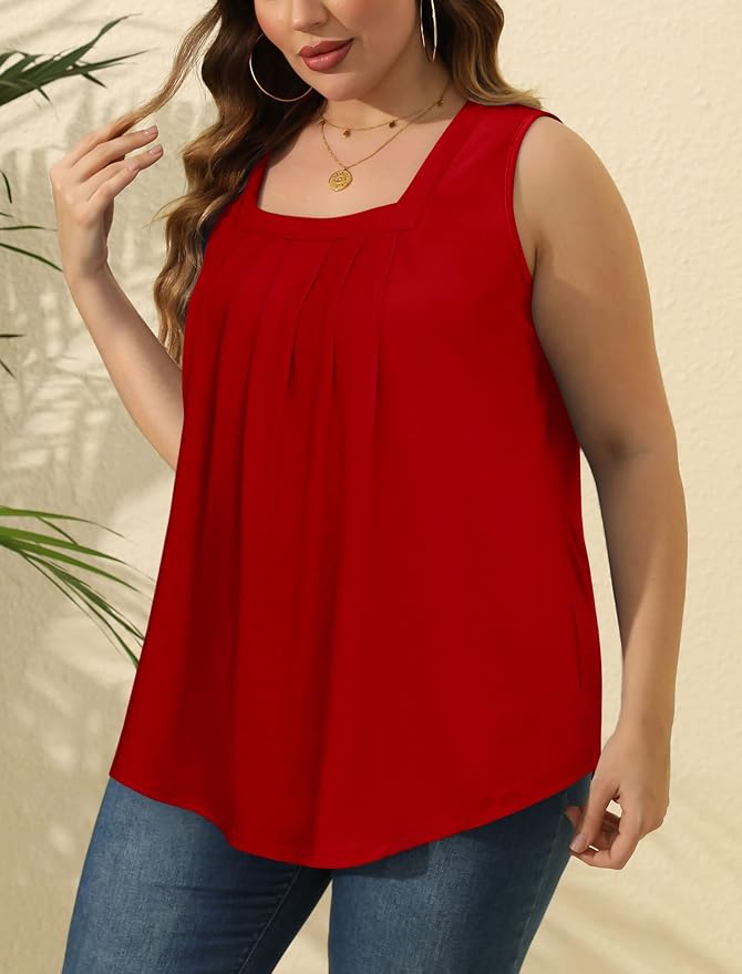 Saloogoe Summer Tank Tops for Women Loose Fit Pleated Square Neck Sleeveless Tops Curved Hem Flowy - Image 3