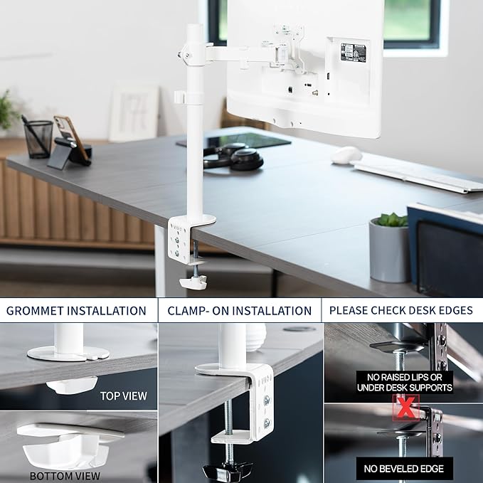 VIVO Single Monitor Arm Desk Mount, Holds Screens up to 32 inch Regular and 38 inch Ultrawide, Fully Adjustable Stand with C-Clamp and Grommet Base, VESA 75x75mm or 100x100mm, White, STAND-V001W - Image 5