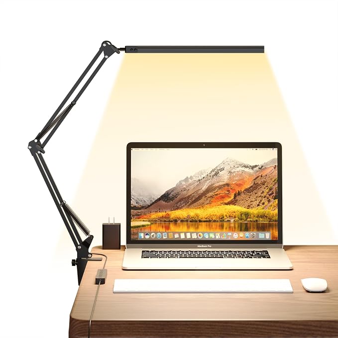 Upgrade Swing Arm LED Desk Lamp with Clamp, 80 LED Beads, 5 Color Modes & 11 Brightness Levels, 360° Adjustable Arm, Eye-Caring Light CRI95, Timer & Memory Function, for Office, Study, Crafting by TROPICALTREE