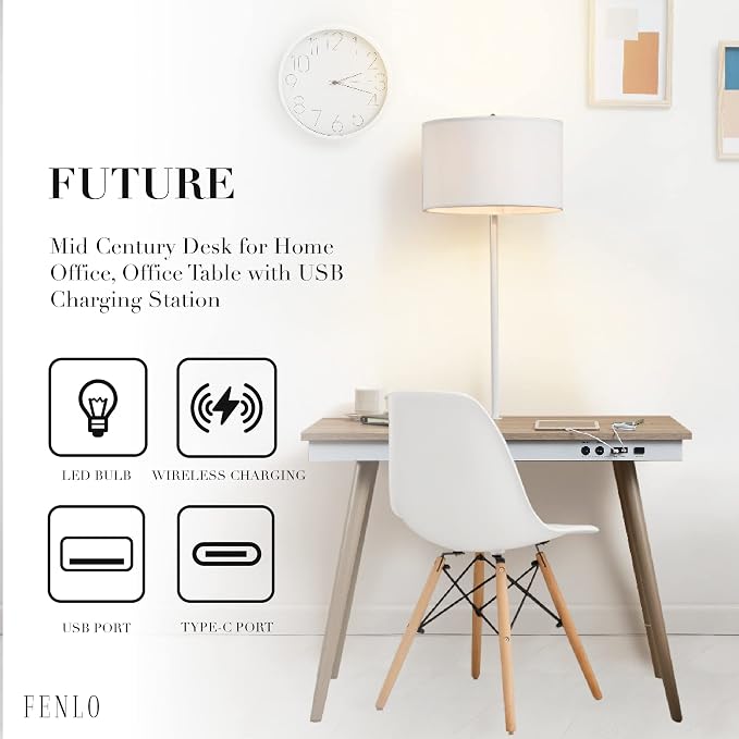 FENLO Future 39" Mid Century Desk for Home Office, Office Table with USB Charging Station, Mid Century Modern Desk with Wireless Charging, USB, and USB-C Ports - Image 3