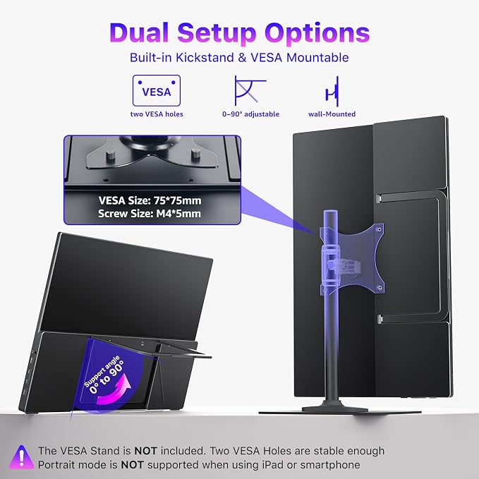 VisionOwl Portable Monitor for Laptop, IPS USB-C HDMI Travel Second Monitor for MacBook Pro Air, PC, PS5, Xbox, Portable Second Screen, Built-in Kickstand, Speakers, VESA Mountable, 15.6 Inch - Image 4