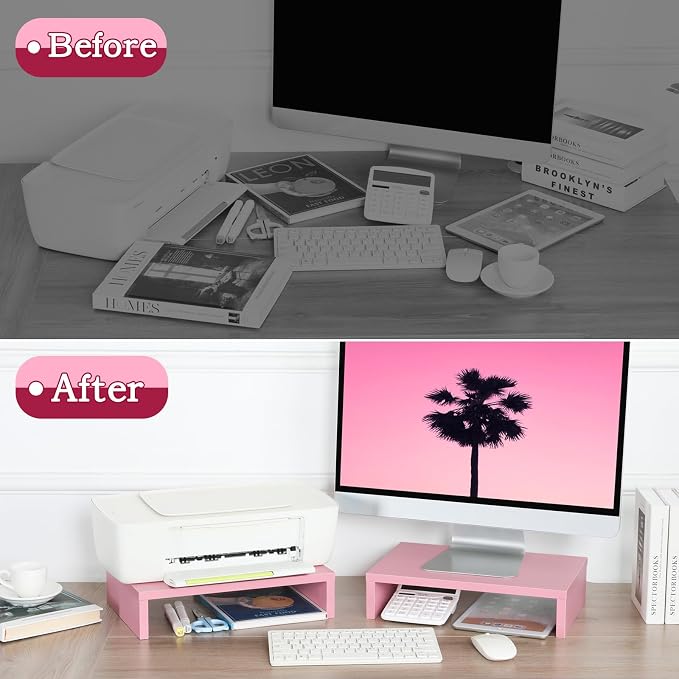 TEAMIX Pink Monitor Stand Riser-2 Pack,Wood 2 Tier Adjustable Monitor Stand Dual Monitor Riser for 2 Monitors/Laptop/PC Computer Stand for Desk - Image 7