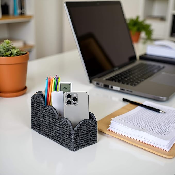 CubesLand Bedside Table Desk Organizer Caddy, Remote Pen&Pencil Holder Cup | Makeup Brush Holder w/Scalloped Perfect for Home, Office Desk, Living Room Table Decor, 3 Slots Black - Image 6