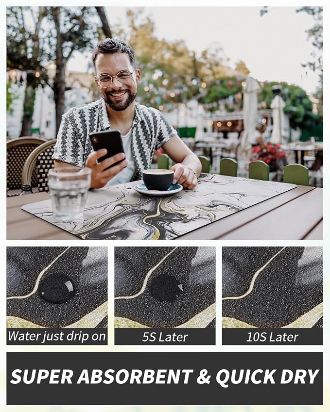 AMOAMI Dish Drying Mat for Kitchen Counter-Coffee Mat Bar Accessories, Hide Stain, Rubber Backed, Absorbent, Fit Under Coffee Maker, Espresso Machine, Pot, Dish Rack,(16X24,Marble,Black) - Image 4