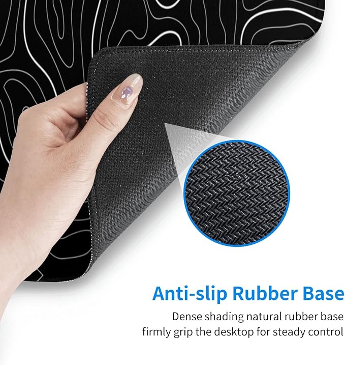 Abstract Topographic Map Black Mouse Pad Big Gaming Mouse Pad XXL Mousepad Large Keyboard Mat with Non-Slip Rubber Base Stitched Edges Mouse Mat Desk Pad for Gaming and Office - Image 4