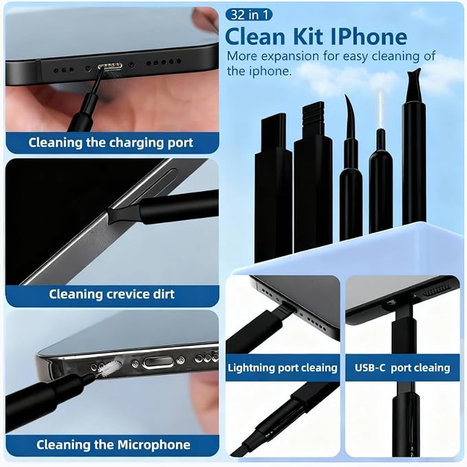 Inesore 32 in 1 Phone Cleaning Kit for iPhone AirPods MacBook Earbuds-Black | 32 tools for iPhone, AirPods, iPad, MacBook, keyboards, earbuds and camera lens; charging port, speaker and screen cleaning - Image 2