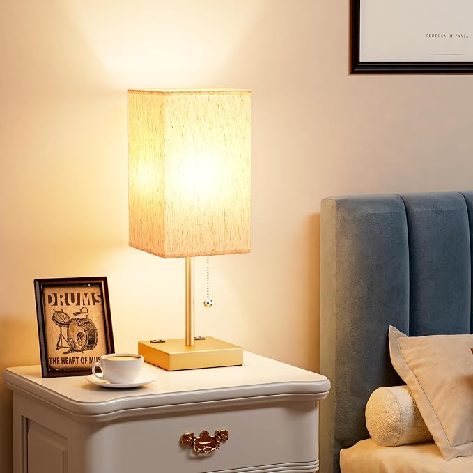 Gold Bedside Lamp for Bedroom - 3 Color Temperatures, USB A+C, 2 AC Outlets | Pull Chain Switch, LED Bulb Included, Cream Fabric Shade, 17.4" Table Lamp for Nightstand, Desk, Living Room, Office - Image 7